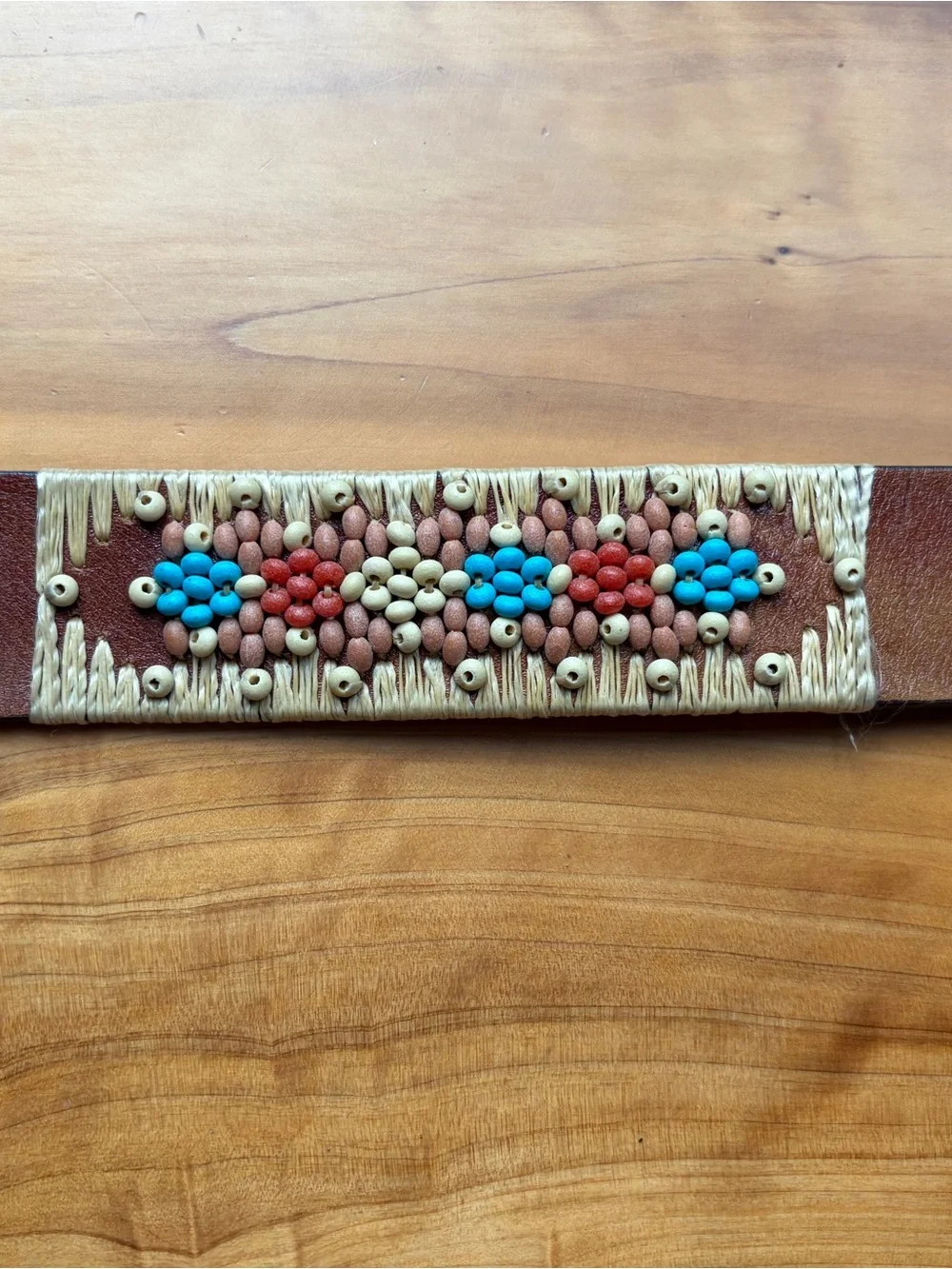 Handcrafted Brown Leather Belt with Turquoise & Coral Bead Accent